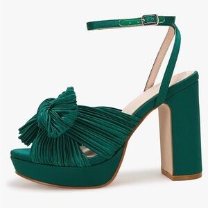 Satin Emerald Green Platform Heels with Bow